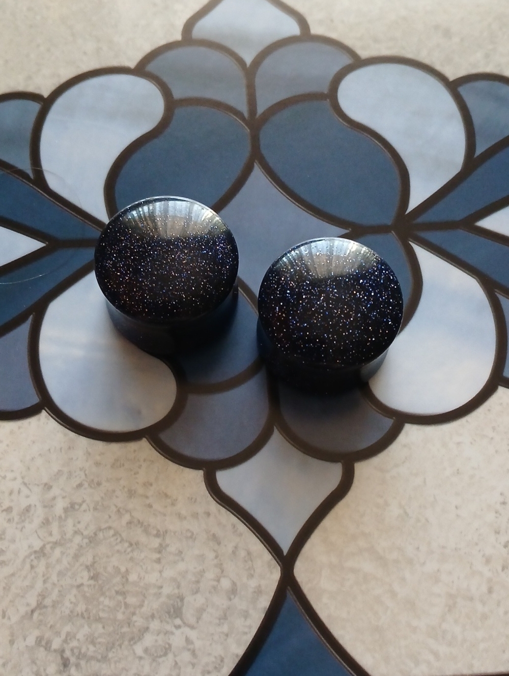 18/19mm Blue Gold Stone Dome Front Double Flared Plugs Earrings